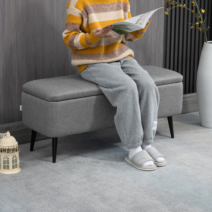 HOMCOM 40" Ottoman with Storage, Linen Upholstered Storage Ottoman Bench with Steel Legs for Living Room, Bedroom Grey