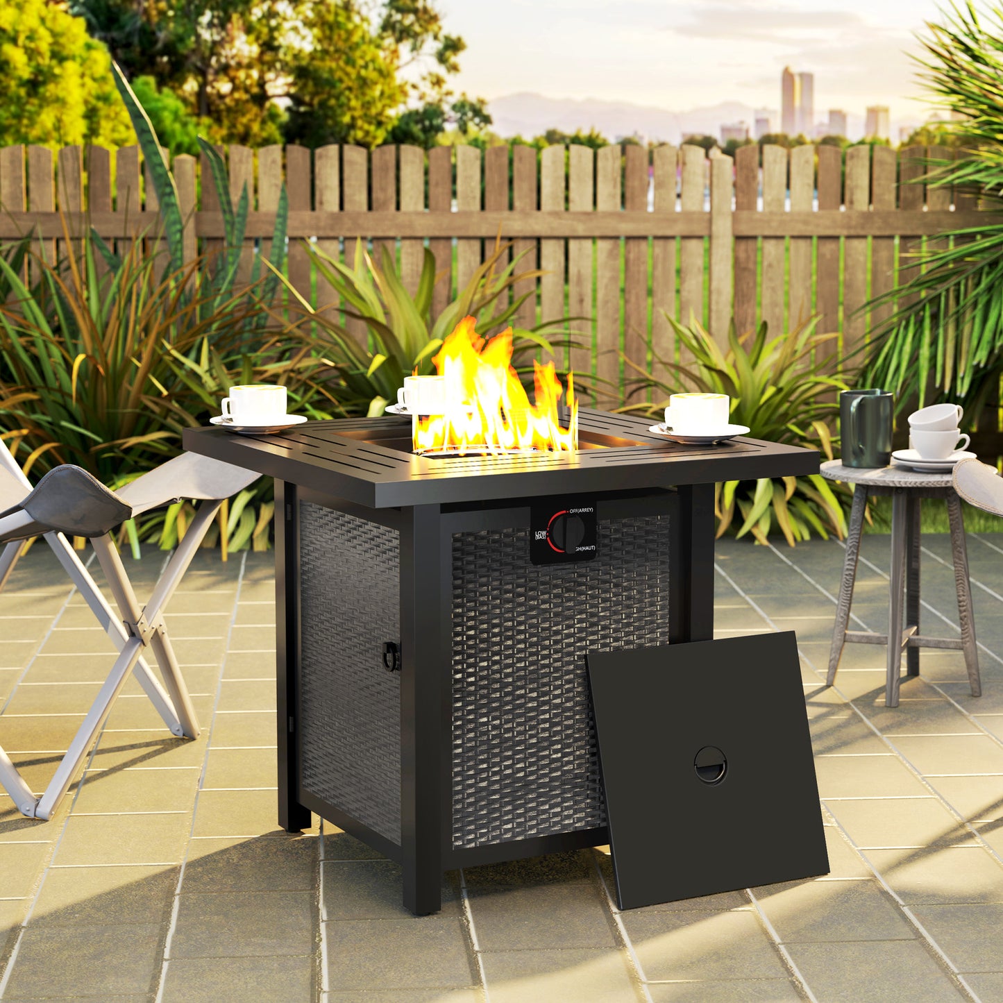 Outsunny Square Gas Fire Pit Table, Smokeless Firepit with Cover, Black