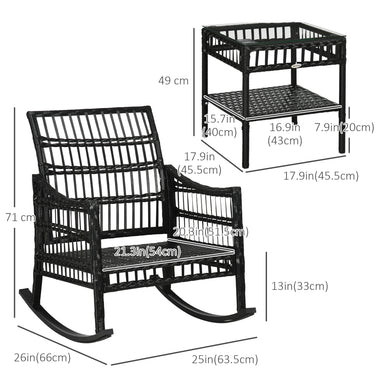 Outsunny 3 Pieces Outdoor PE Rattan Rocker Chair Set, Rocking Chair with Tempered Glass Table Top,25"x26"x28", Orange