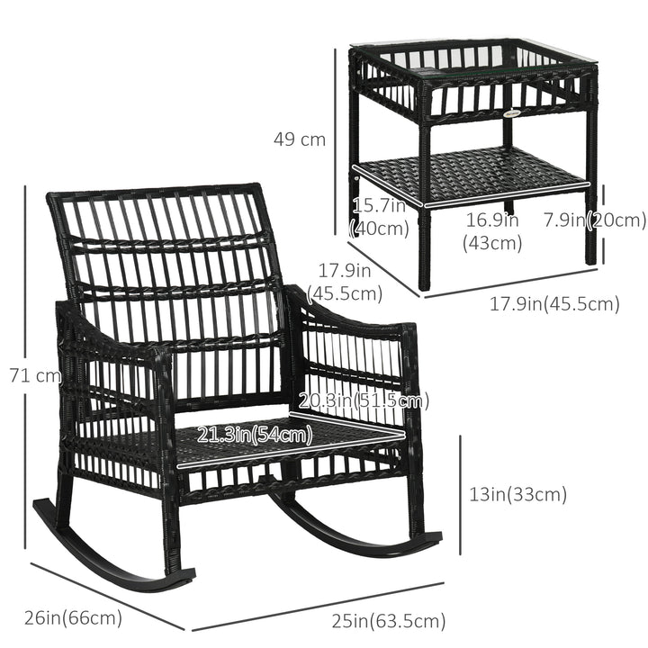 Outsunny 3 Pieces Outdoor PE Rattan Rocker Chair Set, Rocking Chair with Tempered Glass Table Top,25"x26"x28", Orange