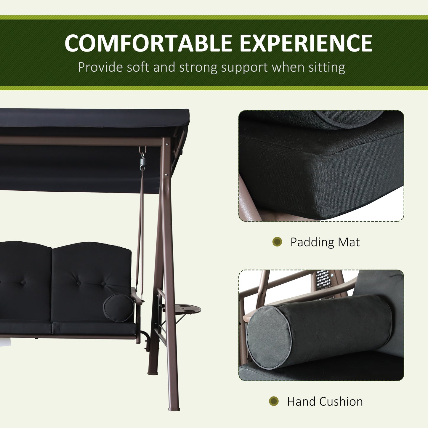 Outsunny Outdoor Patio 3-Person Steel Canopy Cushioned Seat Bench Swing with Included Side Trays & Padded Comfort, Black
