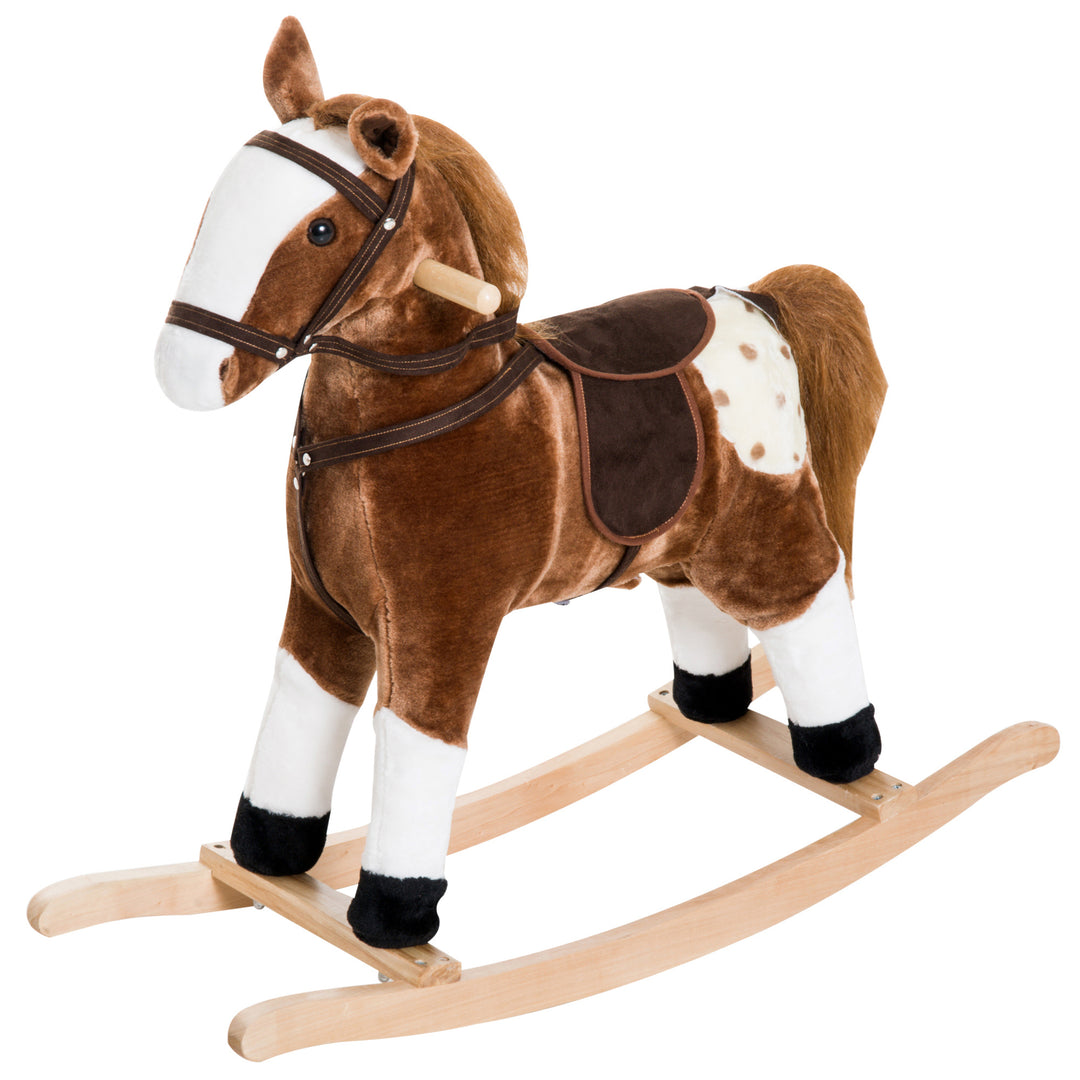 Qaba Baby Rocking Horse, Children Plush Animal Rocker, Kid Ride on Toy with Realistic Sound,  Handle Grip, Brown