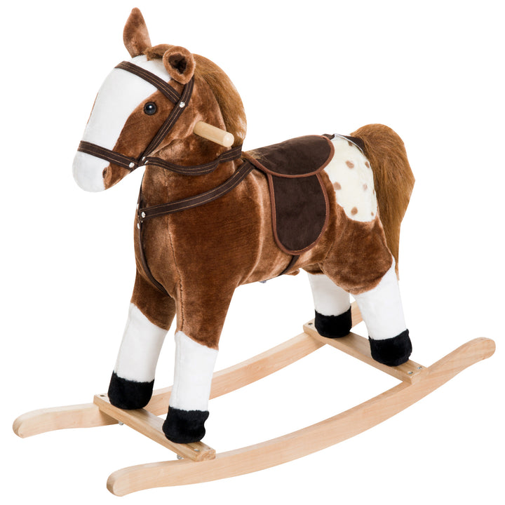 Qaba Baby Rocking Horse, Children Plush Animal Rocker, Kid Ride on Toy with Realistic Sound,  Handle Grip, Brown