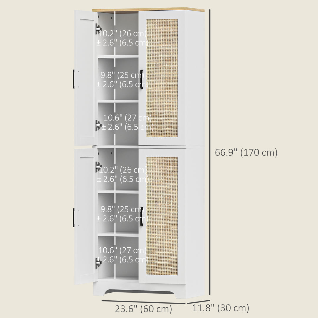 HOMCOM 67" Tall Kitchen Pantry, Freestanding Kitchen Storage Cabinet with 4 Rattan Doors and Adjustable Shelves, White