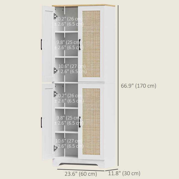 HOMCOM 67" Tall Kitchen Pantry, Freestanding Kitchen Storage Cabinet with 4 Rattan Doors and Adjustable Shelves, White