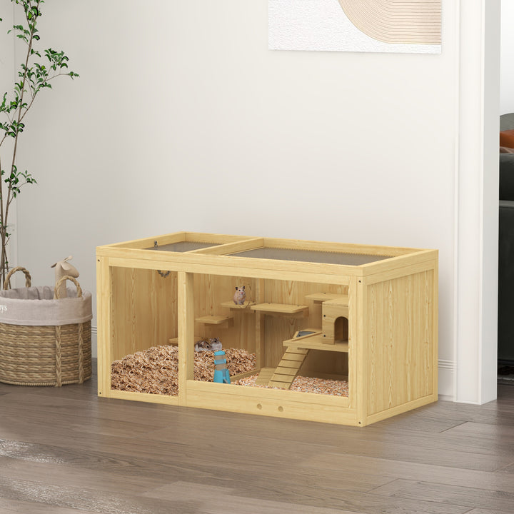 PawHut Large Wooden Hamster Cage, Multi-Layer Small Animal Habitats with Pull-out Tray, Seesaws, Ladder