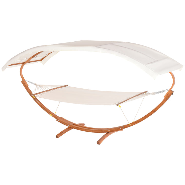 Outsunny 2 Person Wood Swing Arc Hammock Bed and Stand Set with Canopy, White/Teak