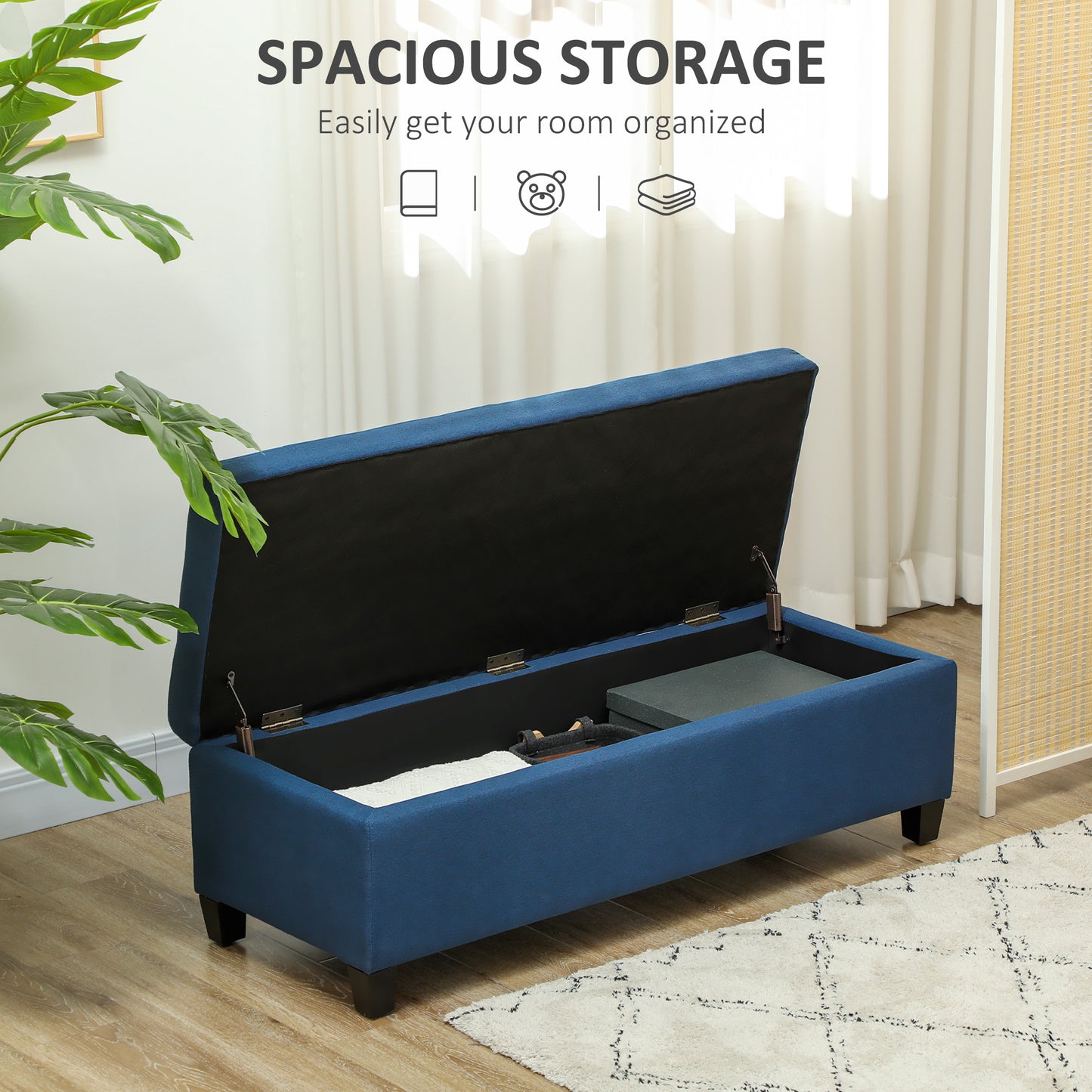 HOMCOM Rectangular Entry Bench, Tufted Upholstered Linen Fabric Wood Feet Storage Ottoman Bench, Beige