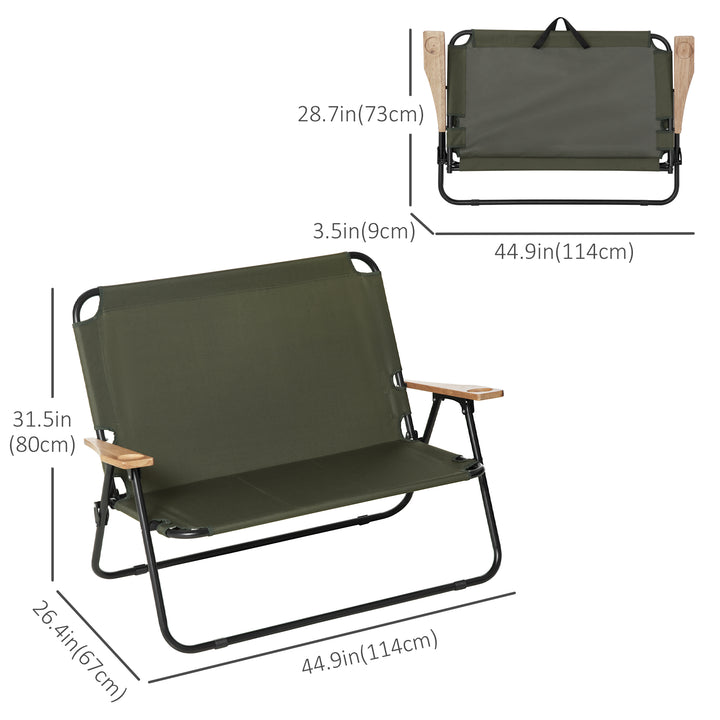 Outsunny Double Folding Chair, Loveseat Camping Chair for 2 Person, Portable Outdoor Chair with Wood Armrest for Fishing Travel, Green
