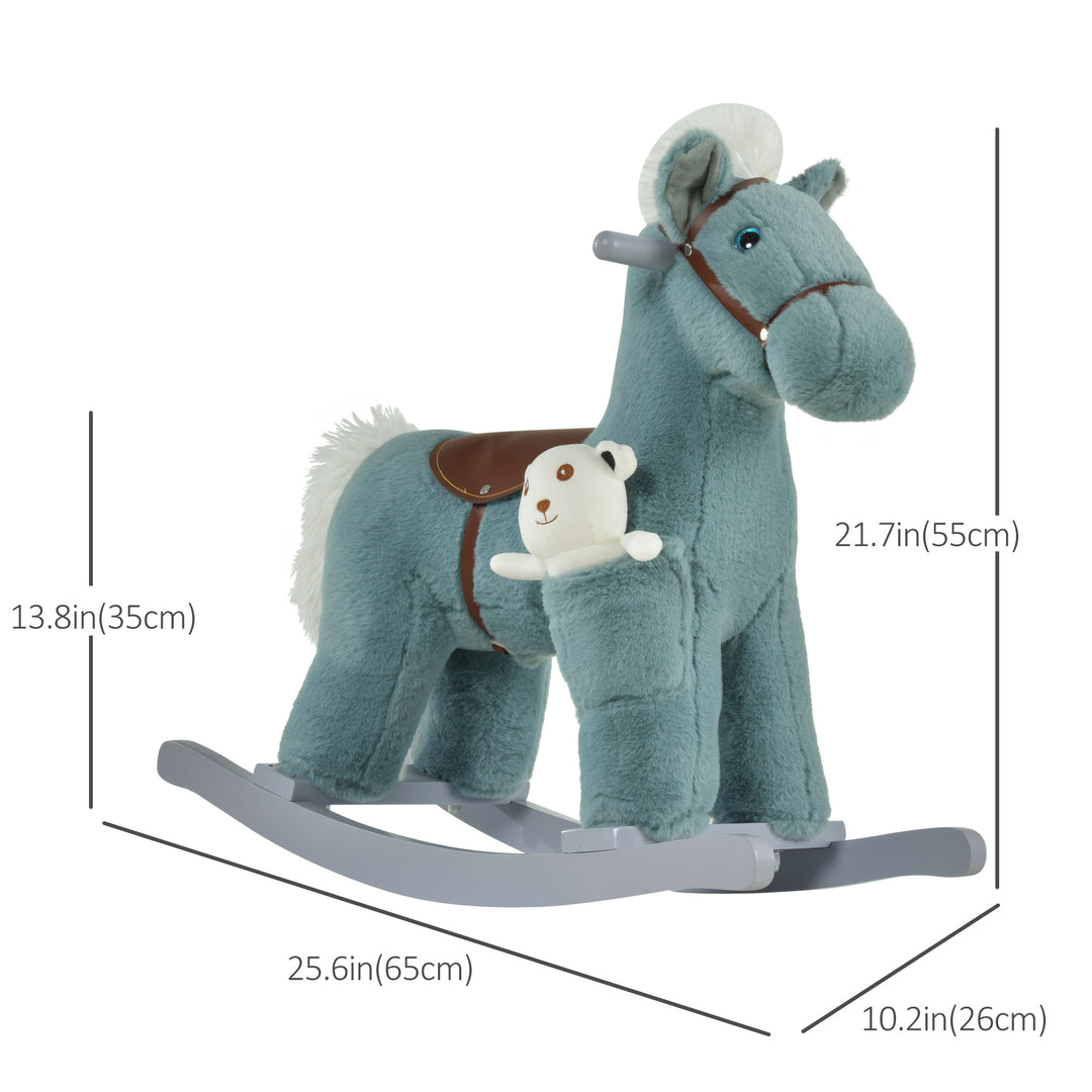 Qaba Kids Plush Ride-On Rocking Horse with Bear Toy, Children Chair with Soft Plush Toy & Fun Realistic Sounds, Blue