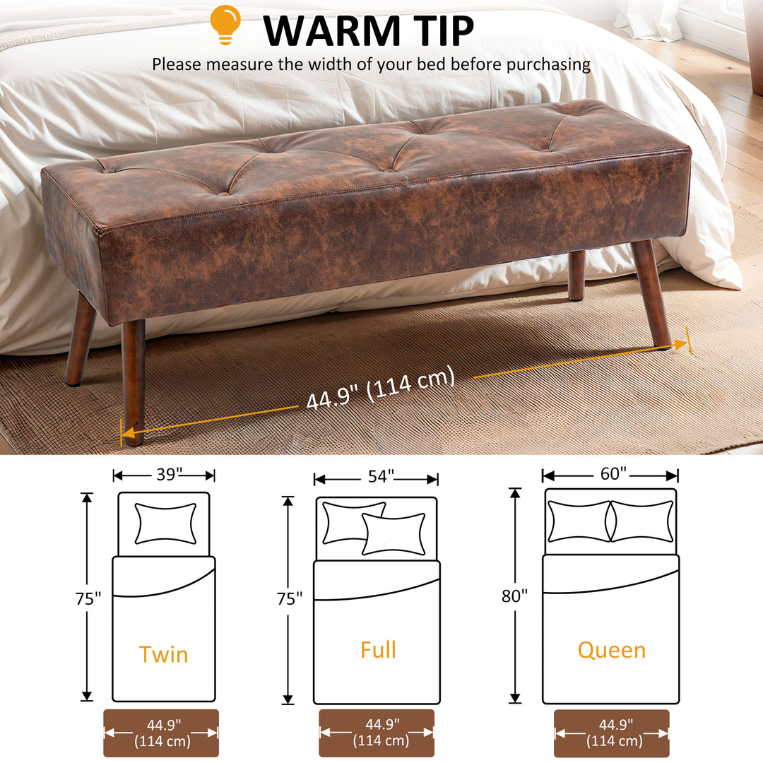 HOMCOM Bedroom Bench, End of Bed Bench with Button Tufted, PU Leather Upholstered Entryway Bench with Wood Legs, Brown