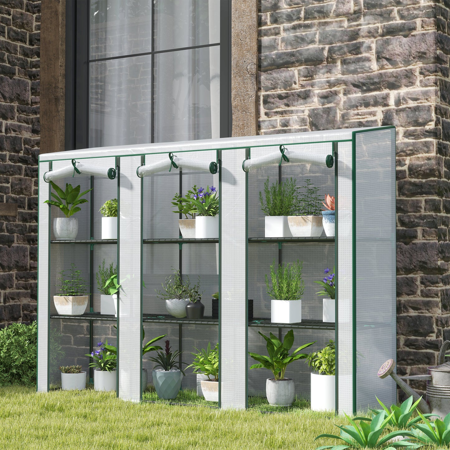 Outsunny Lean-to Greenhouse with 3 Tier Shelves, Mini Greenhouse with 3 Roll-Up Doors for Indoor Outdoor, Green