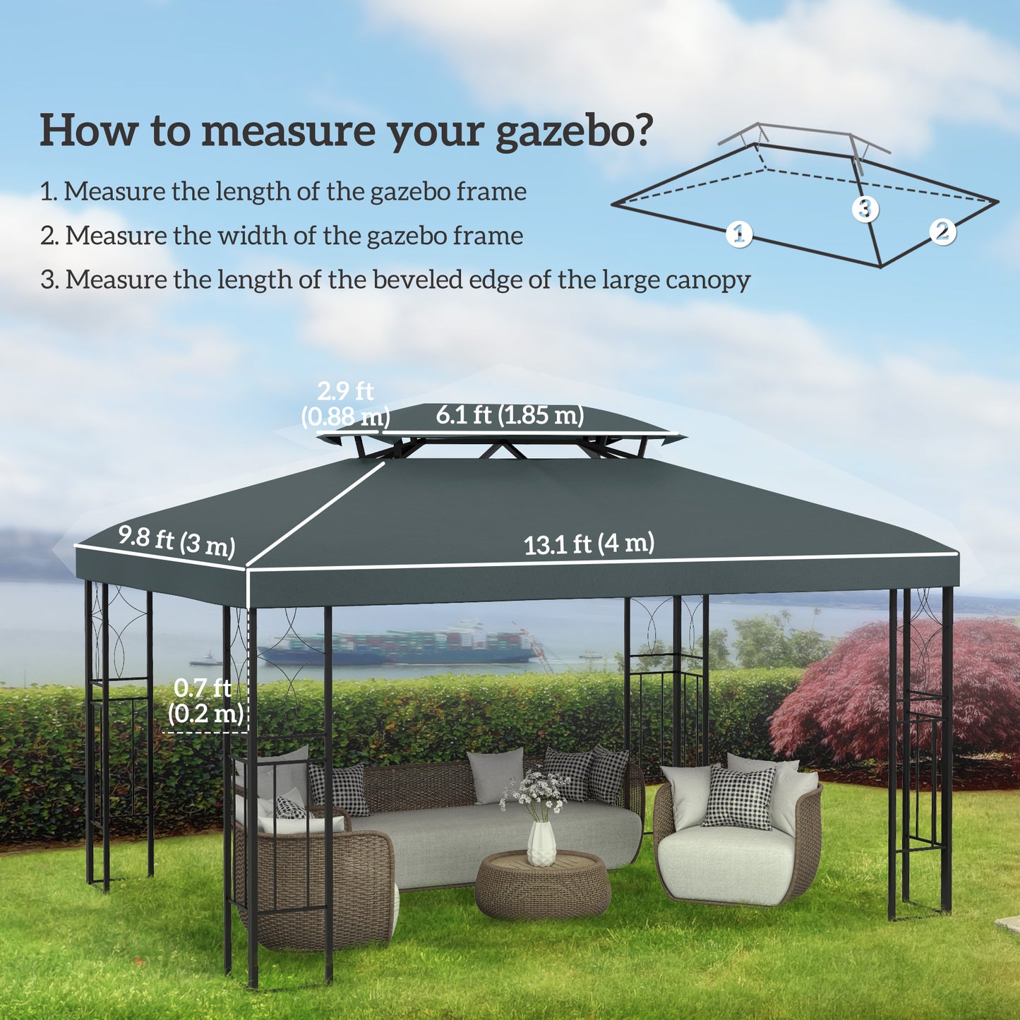 Outsunny 13' x 10' Gazebo Replacement Canopy, 2 Tier Top Roof Garden Pavilion UV Cover, Brown (TOP ONLY)