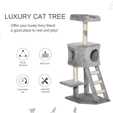 PawHut 47" Tall Cat Tree Tower with Condo, Ladder, Scratching Posts and Hanging Ball, Light Grey