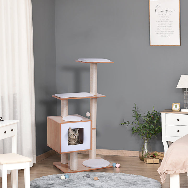 PawHut 47" Wood Cat Tree, Kitty Scratching Post, Kitten House, Condo Activity Center w/ Cushions, Pet Furniture
