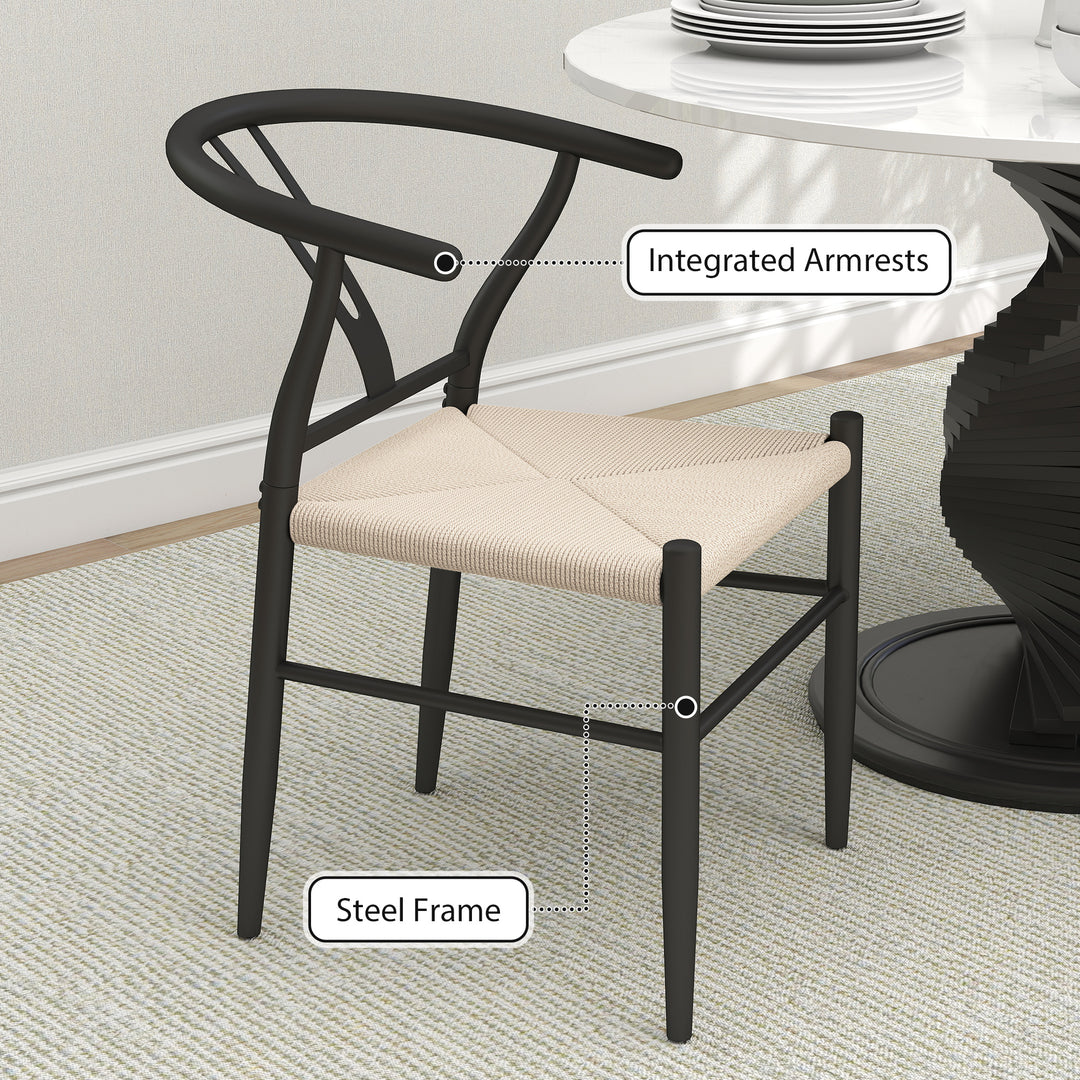 HOMCOM Set of 2 Weave Dining Chairs, Mid-Century Modern Dining Room Chairs with Y-Shaped Backrest and Hemp Seat, Black