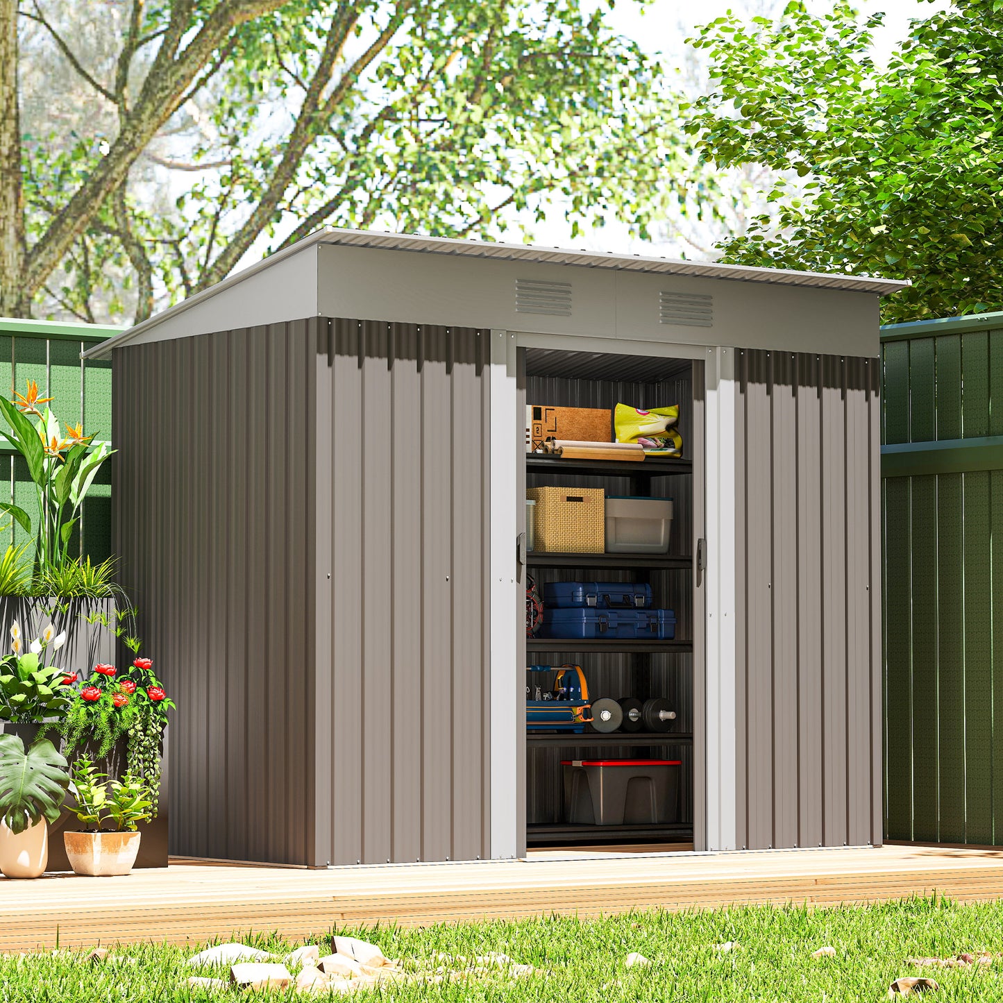 Outsunny 7' x 4' Outdoor Storage Shed, Metal Garden Tool Storage House Organizer with Lockable Sliding Doors and Vents for Backyard Patio Lawn, Charcoal Grey