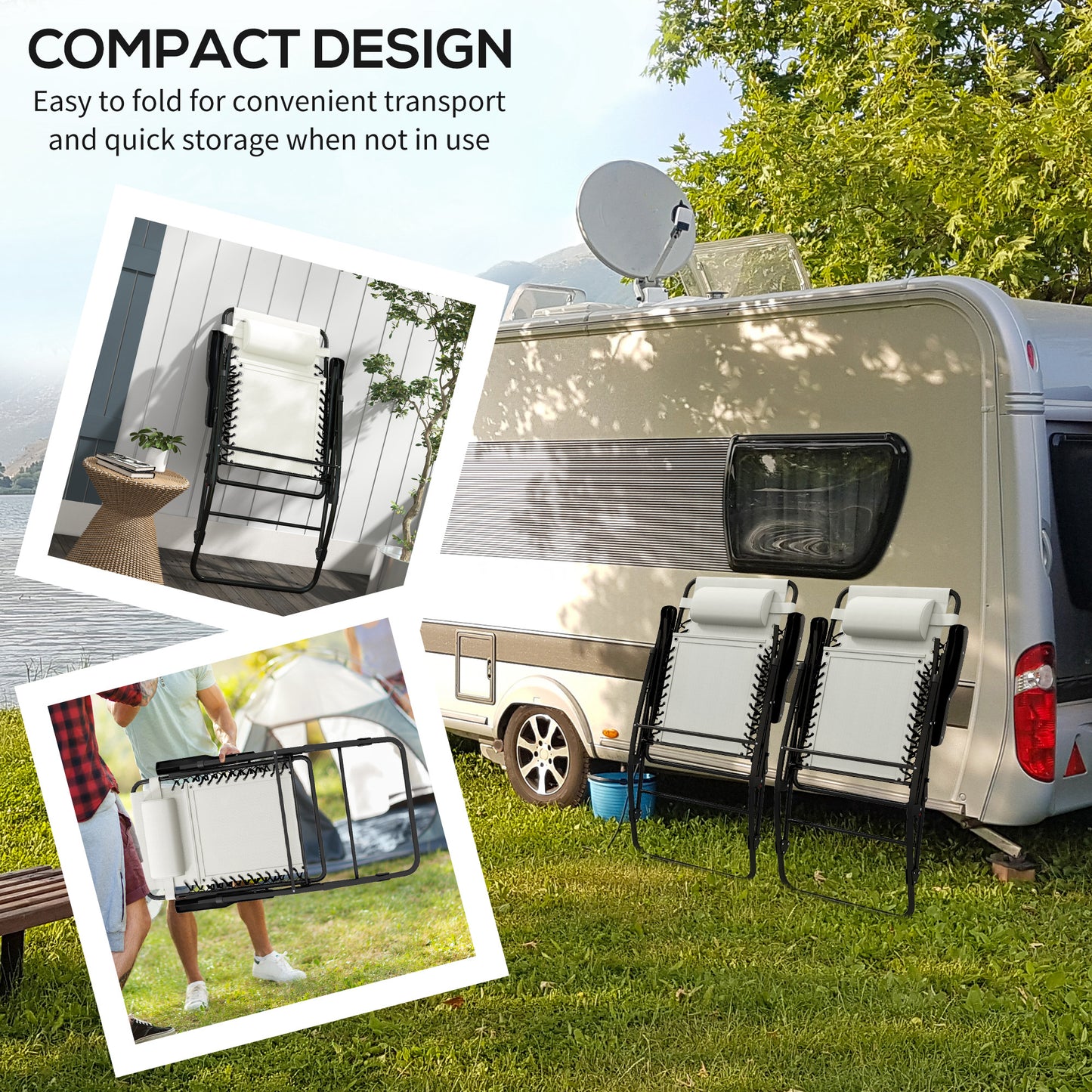 Outsunny 2pc Patio Foldable Rocking Chair Set w/ Breathable Mesh Seat & Backrest, Headrest for Park, Backyard, Garden, Cream