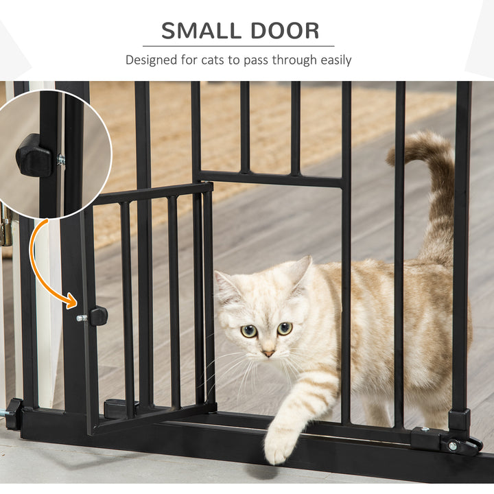 PawHut Retractable Gate Extra Wide Press-Mounted with Cat Door, Auto Closing Pet Gate for Stair, Hallway, 29-32 Inch