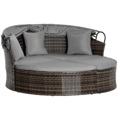 Outsunny 2 Pcs Rattan Outdoor Daybed with Retractable Canopy, Wicker Round Patio Daybed Set with Cushions & Pillows, Mixed Grey