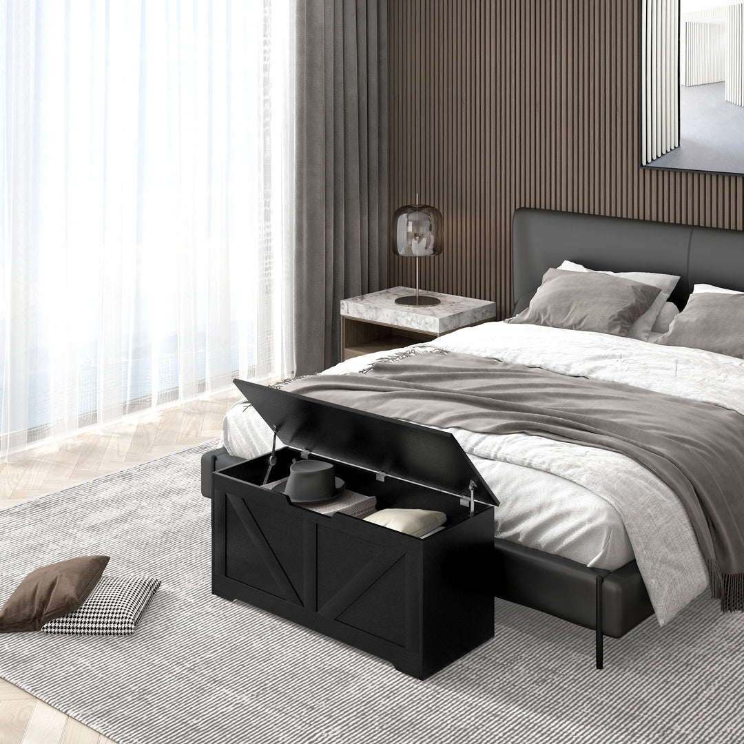 HOMCOM 39.4 Inches Storage Chest, Storage Trunk with 2 Safety Hinges, Wooden Box for Living Room, Black Wood Grain