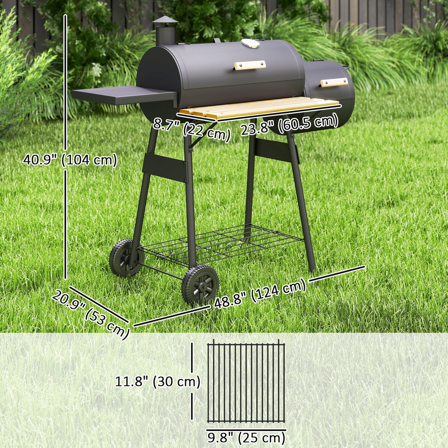 Outsunny 49" Charcoal BBQ Grill with Offset Smoker Portable Backyard Cooking Smoker Outdoor Camp Picnic Barbecue Cooker with Thermometer Wheels and Storage Shelves
