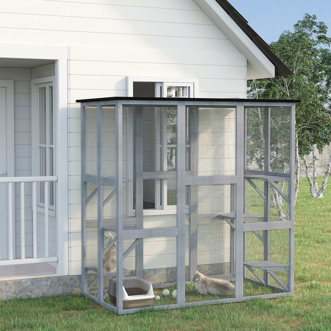 PawHut Large Outdoor Catio Enclosure, Weatherproof Cat House with Asphalt Roof,  Wooden Cat Patio Cage with 6 Balanced Platforms, 71" x 39" x 71", Grey