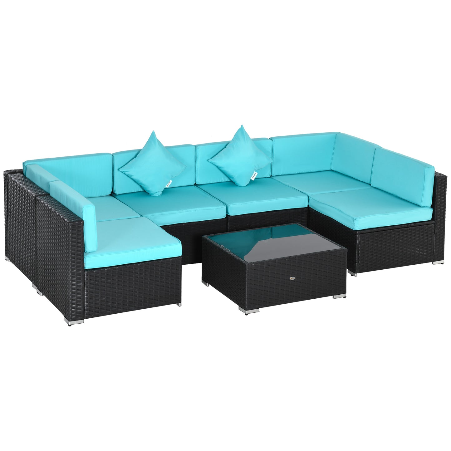 Outsunny 7 Pieces Outdoor Rattan Furniture Set, Patio Wicker Sectional Conversation Sofa Set, Blue