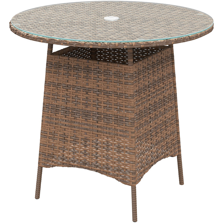 Outsunny 31.5" Outdoor Round Patio Table with Umbrella Hole, Bistro Coffee Table with Tempered Glass Top for Garden, Brown