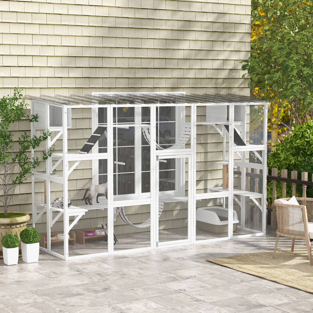 PawHut Large Outdoor Catio with Condos, Platforms, Doors, Ladders, Weather-Resistant Roof, Orange