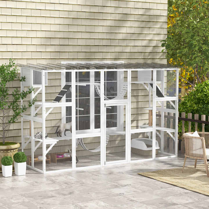 PawHut Large Outdoor Catio with Condos, Platforms, Doors, Ladders, Weather-Resistant Roof, Orange