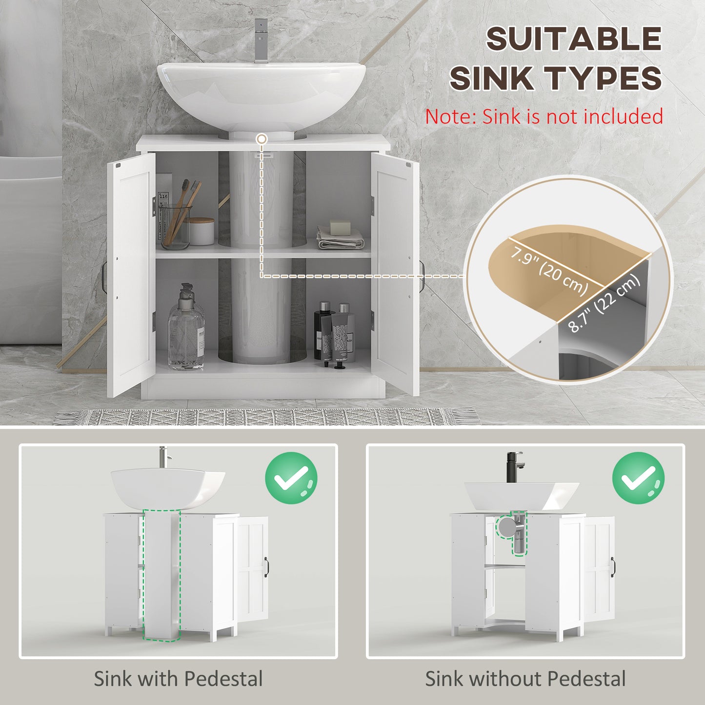 kleankin Pedestal Under Sink Cabinet, Bathroom Vanity Cabinet Storage with Double Doors and Adjustable Shelf, White