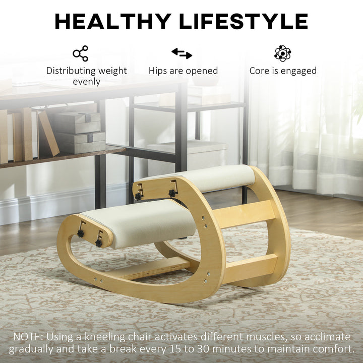 HOMCOM Ergonomic Kneeling Chair, Adjustable Rocking Wood Kneeling Stool, Desk Chair, Improve Posture, Cream White