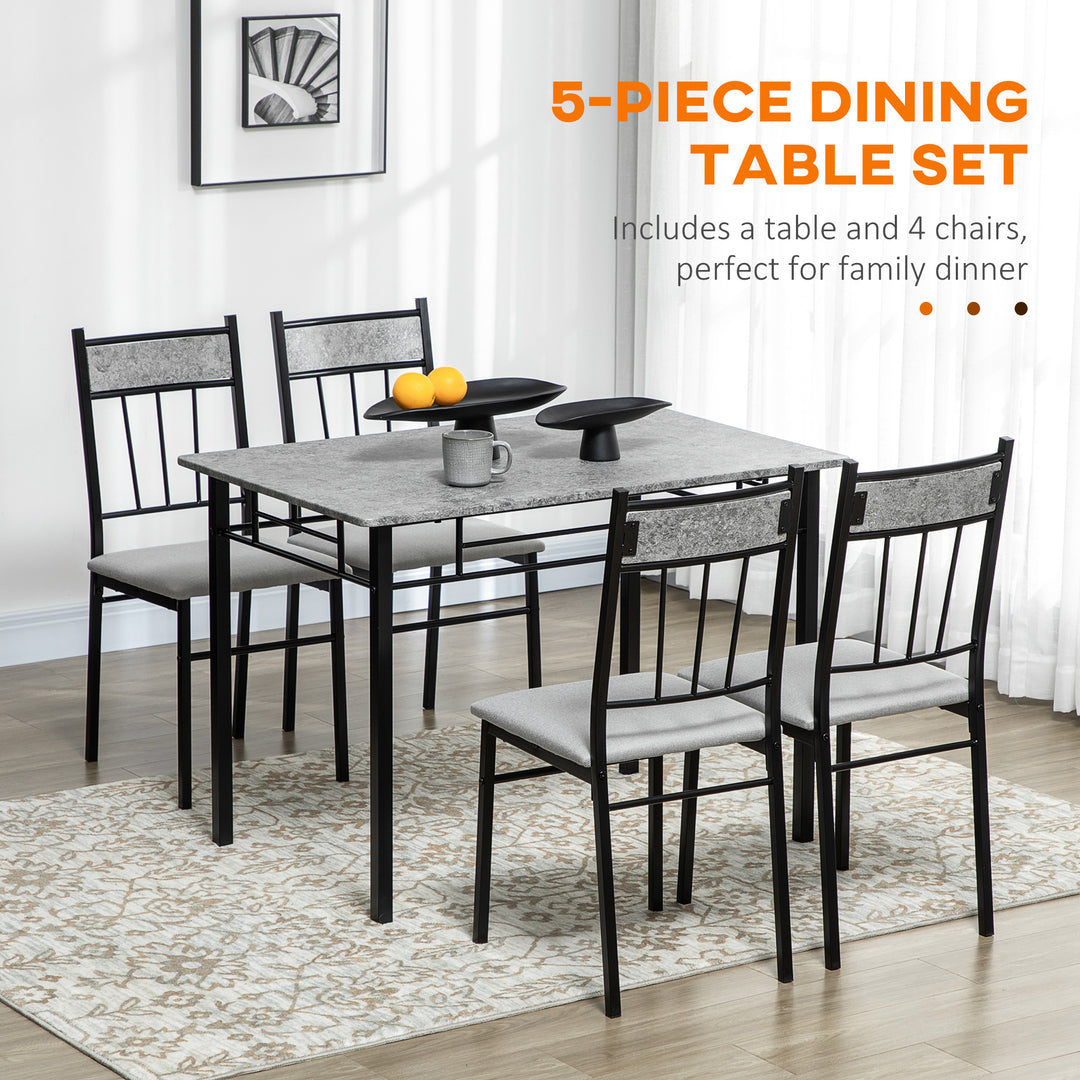 HOMCOM 5 Pieces Diner Tables Dining Room Sets for 4 People with Marble Effect Tabletop Padded Chairs and Metal Frame Grey
