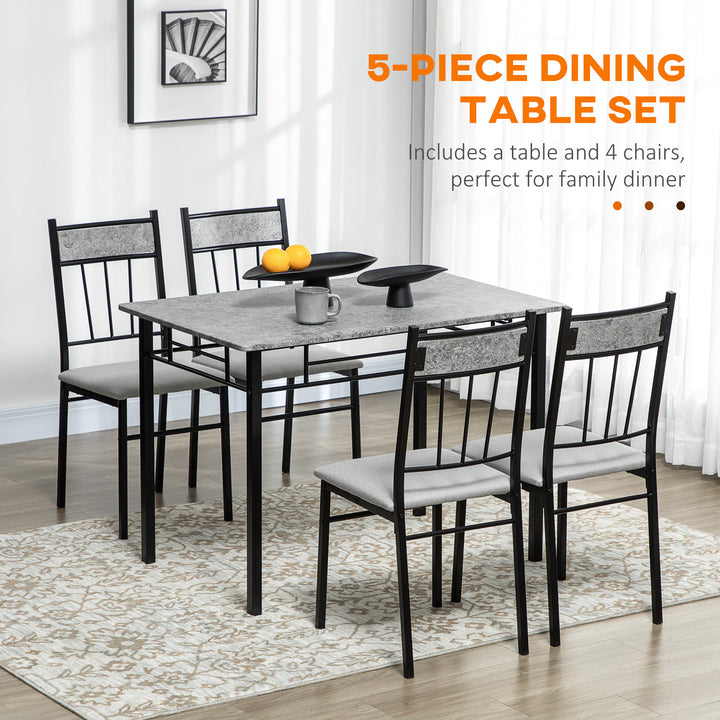 HOMCOM 5 Pieces Diner Tables Dining Room Sets for 4 People with Marble Effect Tabletop Padded Chairs and Metal Frame Grey
