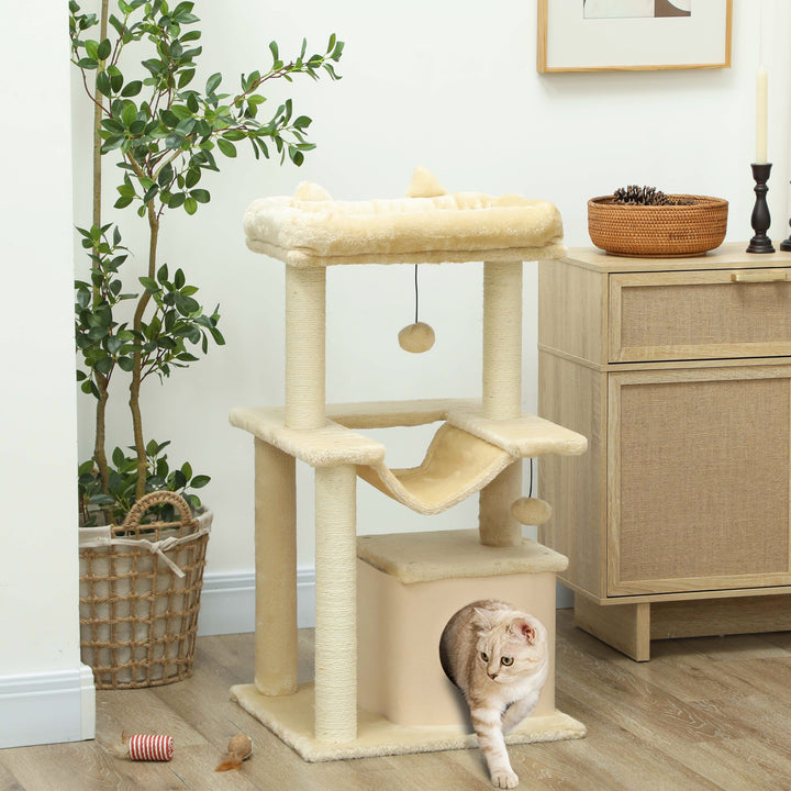 PawHut 39.25'' Cat Tree Tower Multi-Level Kitten House with Scratching Post Condo Hammock Bed Ball Toy - Grey