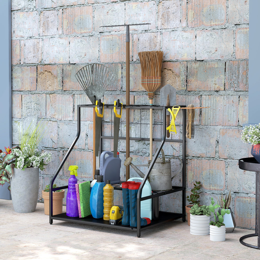 Outsunny 3-Tier Yard Tool Tower Rack, Garden Tool Organizer with Hooks for Long-Handled Rakes, Shovel, Broom, Orange