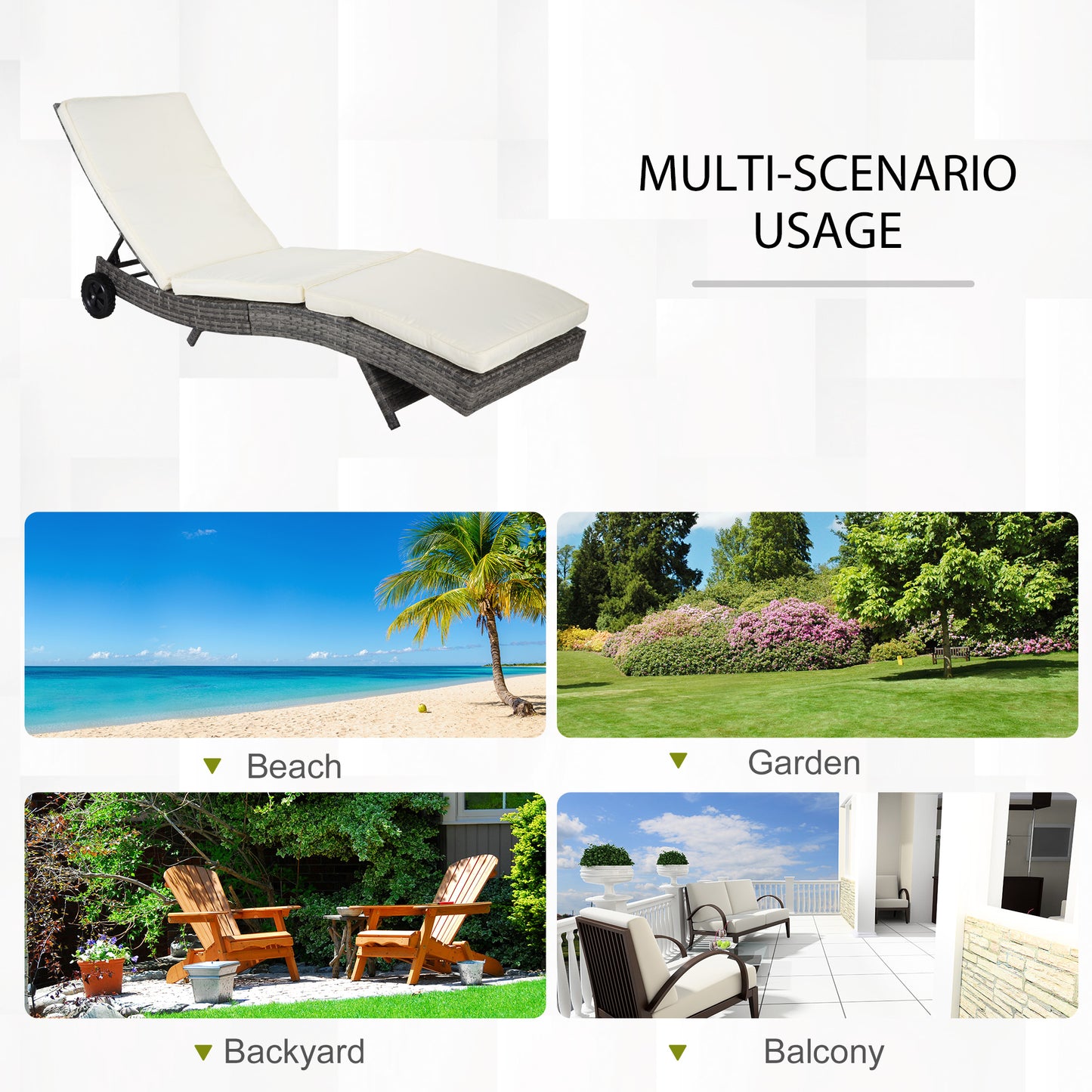 Outsunny Outdoor Adjustable Wicker Chaise Lounge Chair with Cushion & Wheels for Patio, Deck, Poolside, Sky Blue