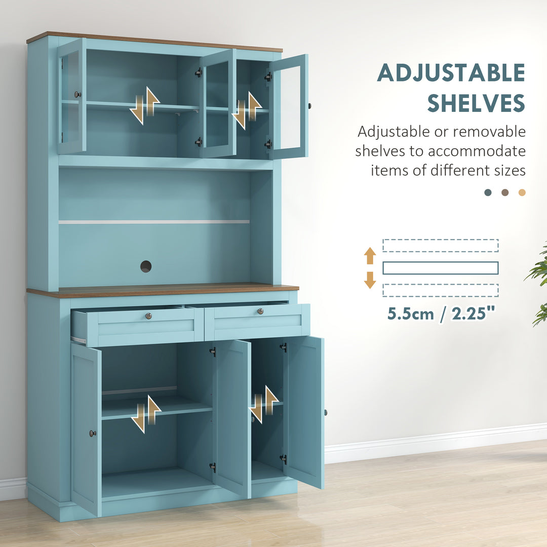 HOMCOM 71" Pantry Cabinet with Microwave Space, Buffet with Hutch, 2 Drawers, Adjustable Shelves and Glass Doors, Blue