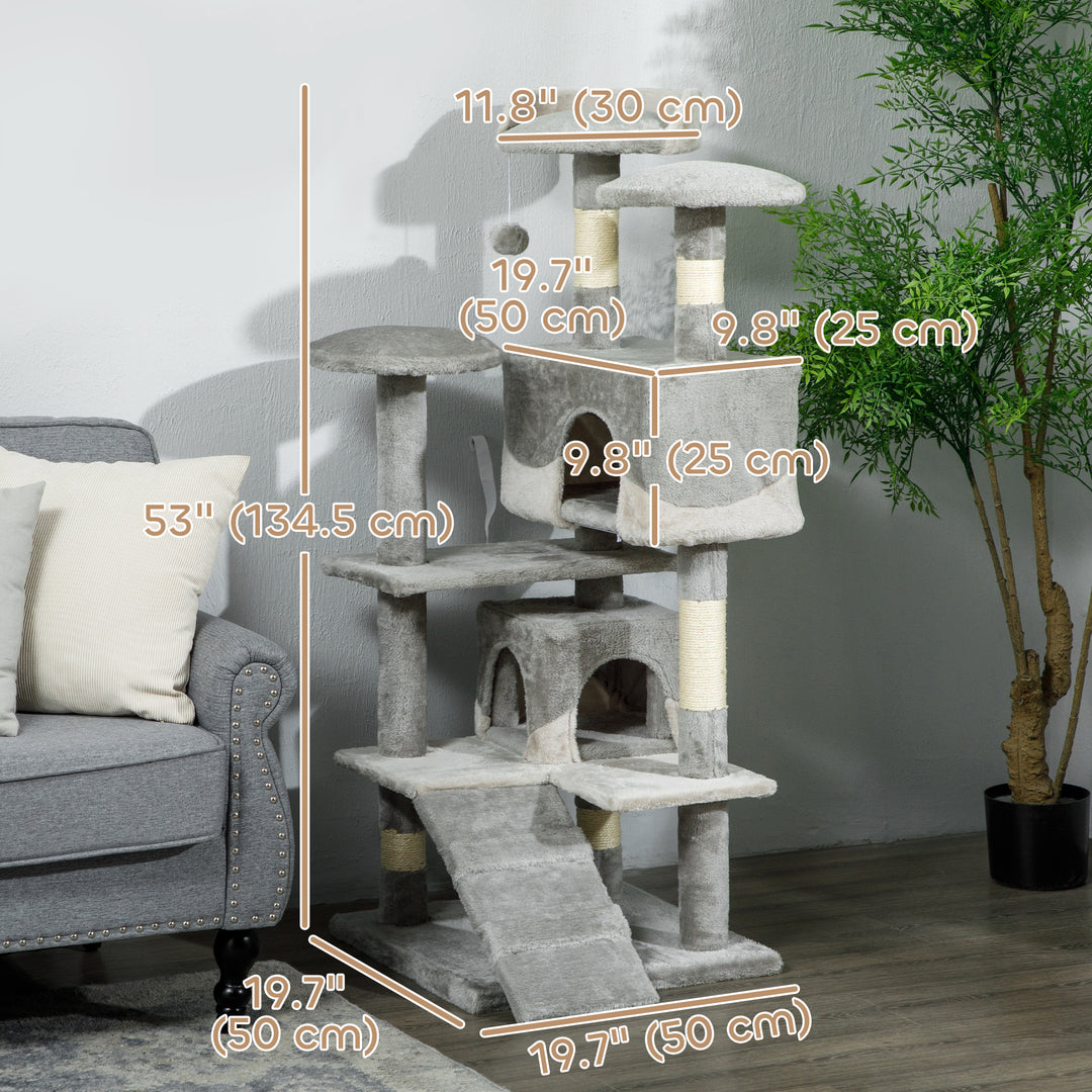 PawHut 53" Cat Tree Scratching Large Kitten Play House Multi-Level Activity Center Pet Furniture