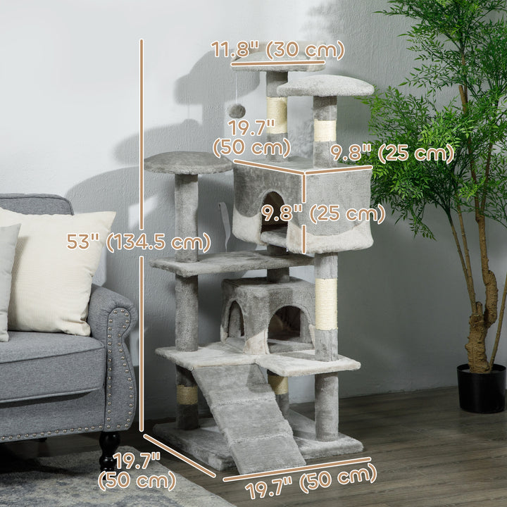 PawHut 53" Cat Tree Scratching Large Kitten Play House Multi-Level Activity Center Pet Furniture