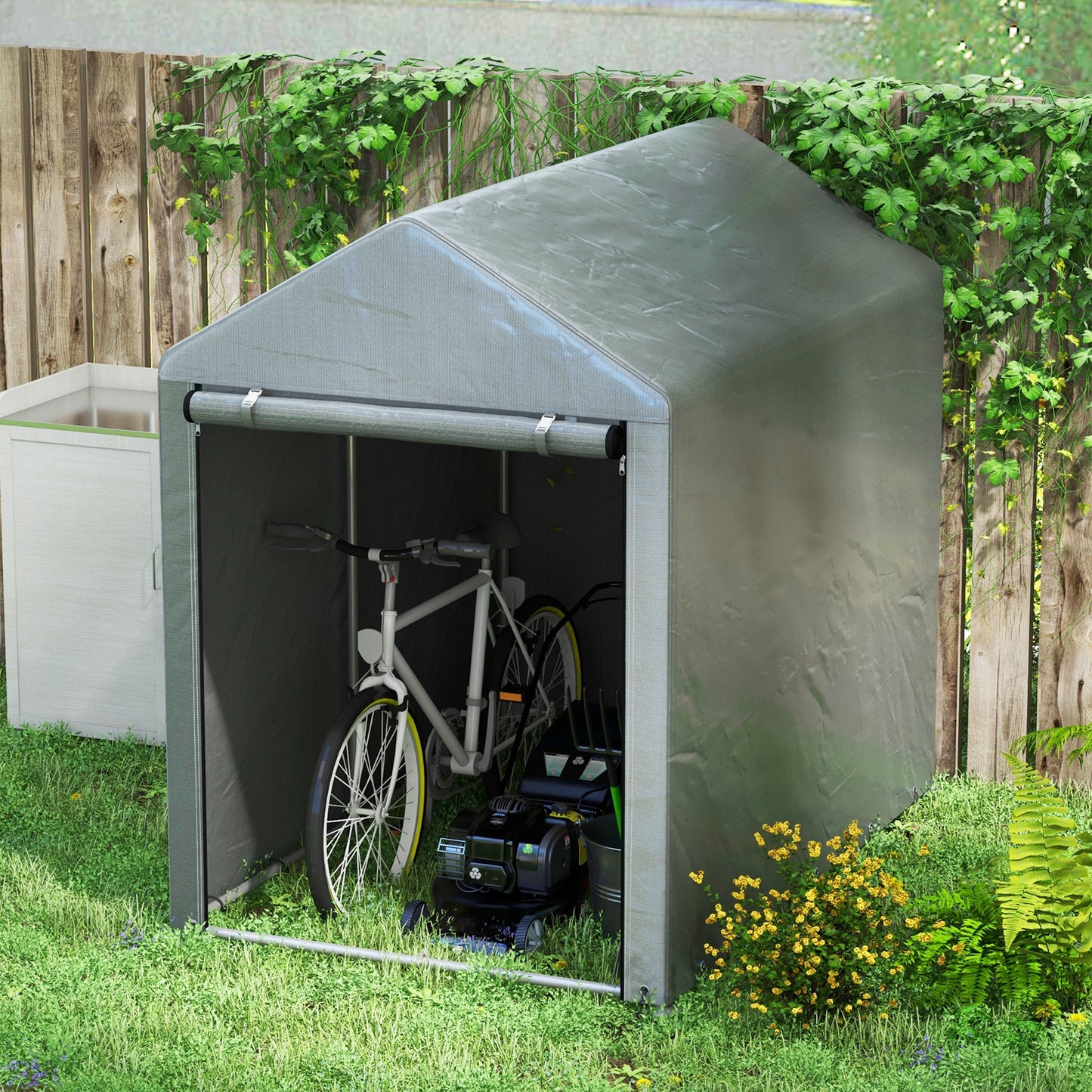 Outsunny 4 x 6ft Outdoor Storage Shed Tent, Portable Shed with Roll-up Door for Motorcycle, Bike, Garden Tools