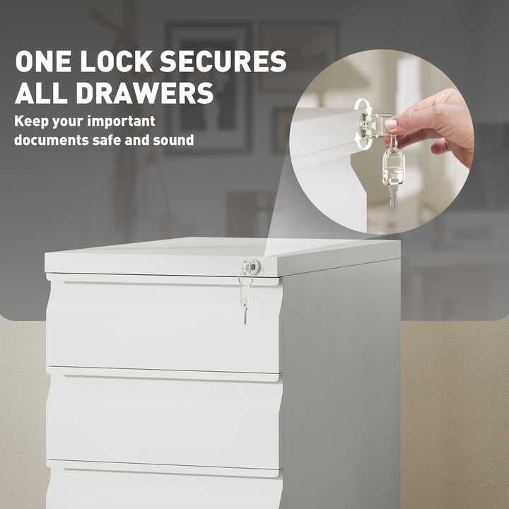 Vinsetto 3 Drawer Filing Cabinet with Lock, Steel Office Storage Cabinet with Hanging Bar for A4, Legal, Letter Files, White