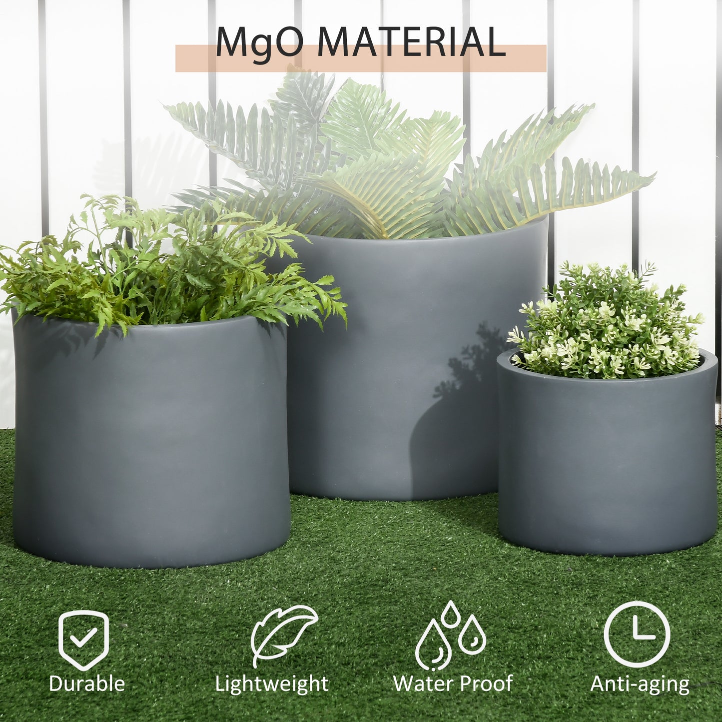 Outsunny Set of 3 Outdoor Planter Set, 13/11.5/9 in, Flower Pots with Drainage Holes, Outdoor Plant Pots for Patio, Yard, Garden