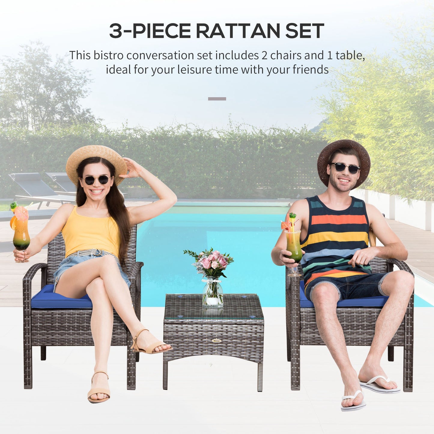 Outsunny 3 Pieces Wicker Patio Furniture Set, Rattan Bistro Set with Coffee Table and Cushions, Outdoor Conversation Set for Garden, Porch, Balcony, Blue