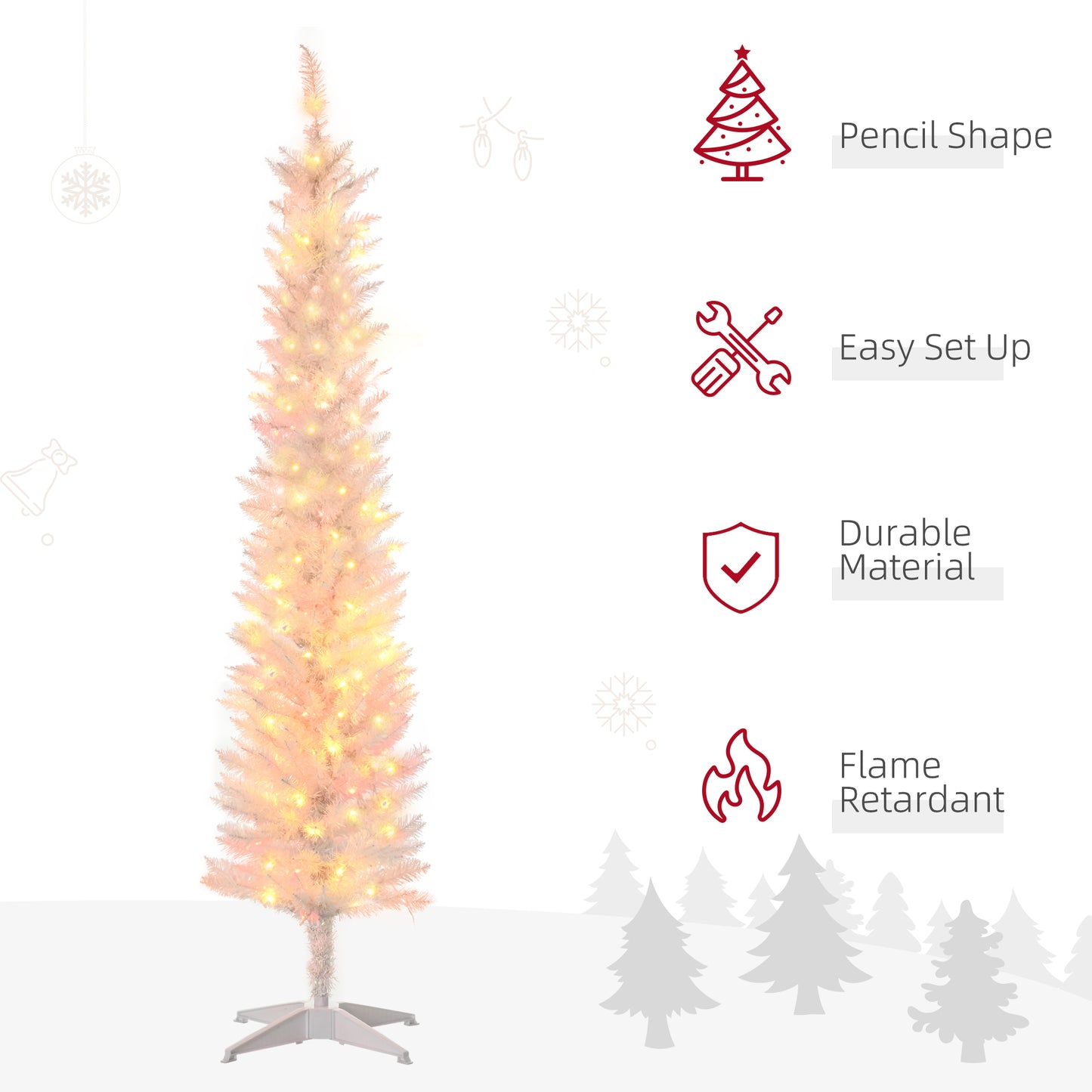 HOMCOM 7' Prelit Christmas Trees, Pencil Artificial Christmas Tree with Colourful Surface Tips, Colourful LED Lights, White