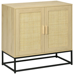 HOMCOM Wood Sideboard Accent Storage Cabinet with 2 Rattan Doors, Adjustable Shelf, and Steel Legs for Living Room Kitchen