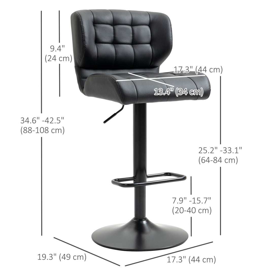 HOMCOM Swivel PU Leather Barstools Set of 2 Adjustable Bar Stools with Footrest Back for Kitchen Counter Dining Room Black