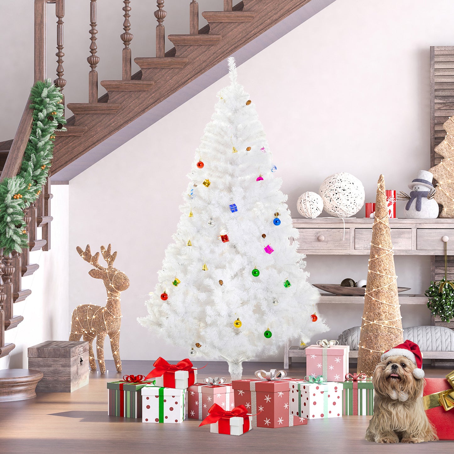 HOMCOM 5.9ft Artificial Christmas Tree Xmas Holidays DÃ©cor with Ornament White