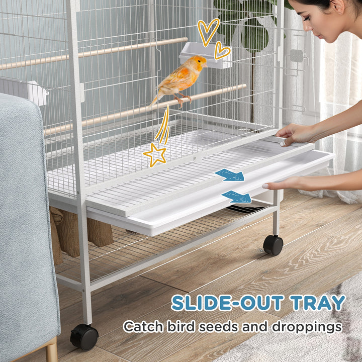 PawHut 52'' Large Rolling Steel Bird Cage Bird House with Rolling Stand, Storage Shelf, Wood Perch, Food Container, Dark Grey